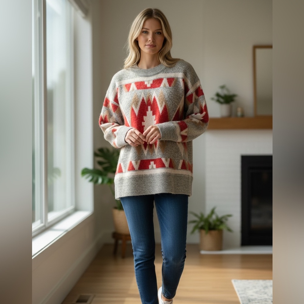 Aztec Patterned Gray and Red Women's Sweater